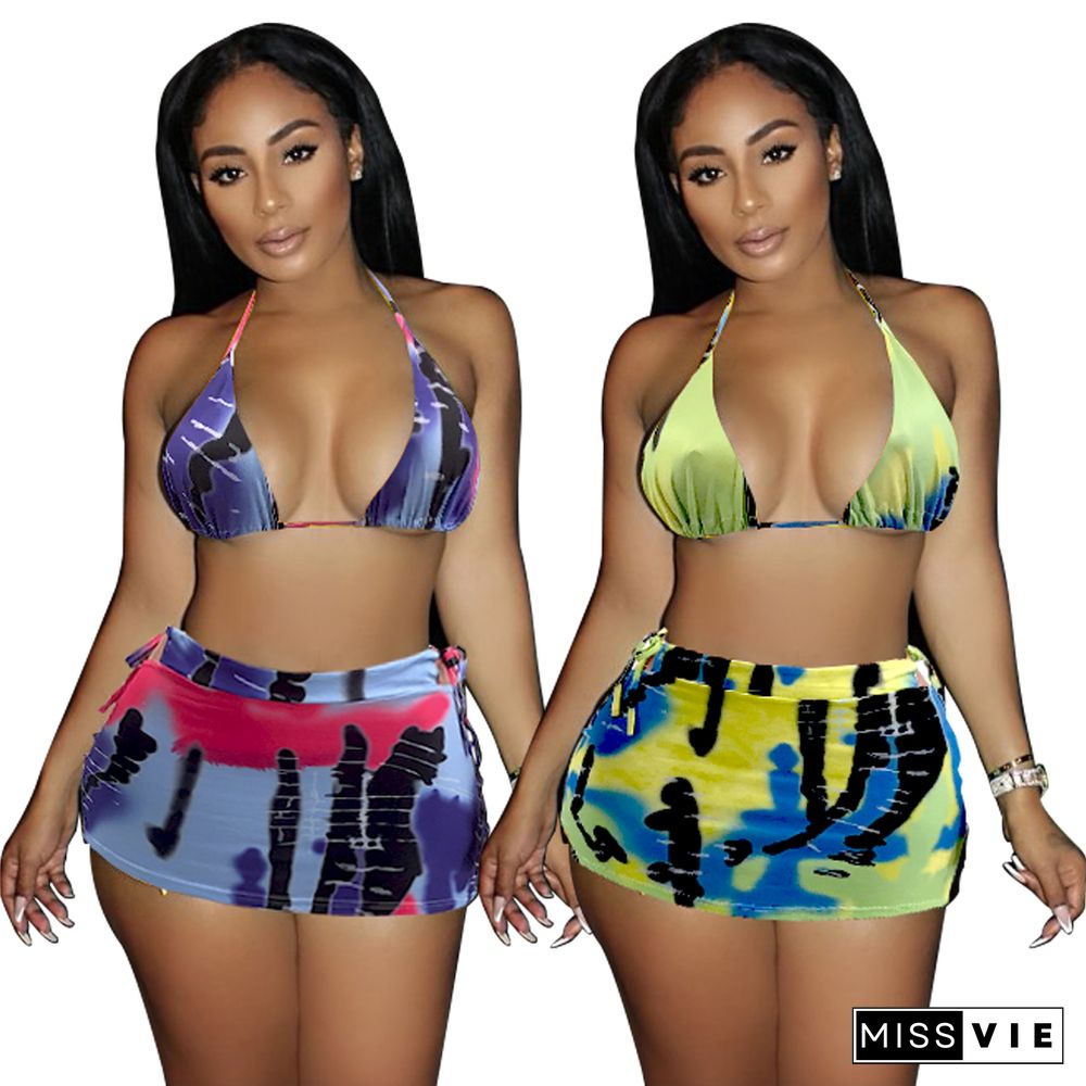 Tie Dye Halter Bandage Bra Mini Skirt Set