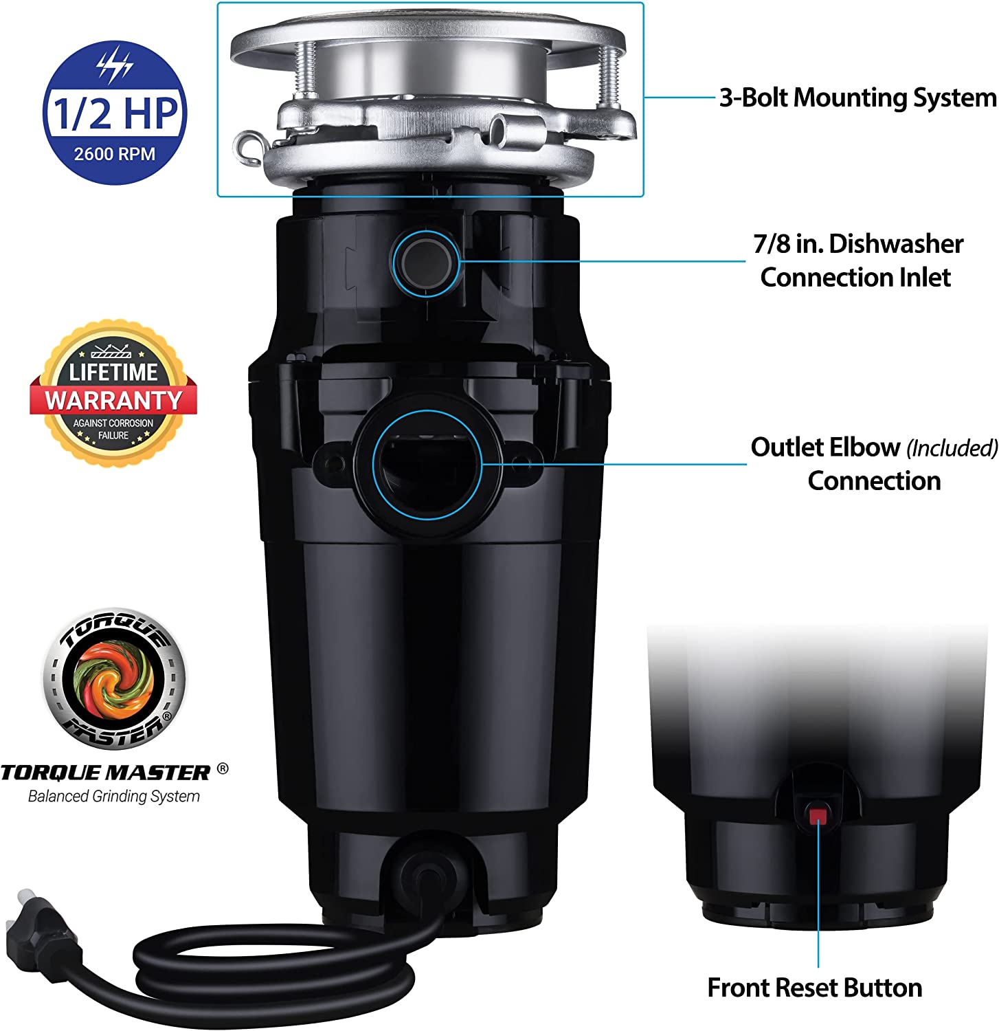 Waste Maid 10-US-WM-058-3B Garbage Disposal Anti-Jam Stainless Steel Food Waste Grinding System， 1/2 HP Economy， Black