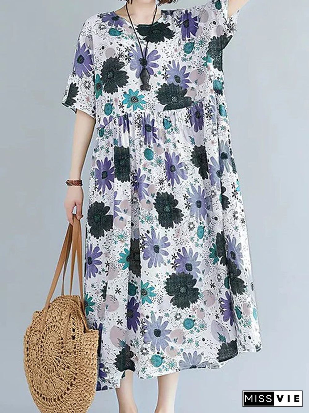 Women's Swing Dress Maxi long Dress - Short Sleeve Floral Patchwork Print Summer Fall Elegant Casual Blue Red Green S M L XL XXL 3XL 4XL 5XL