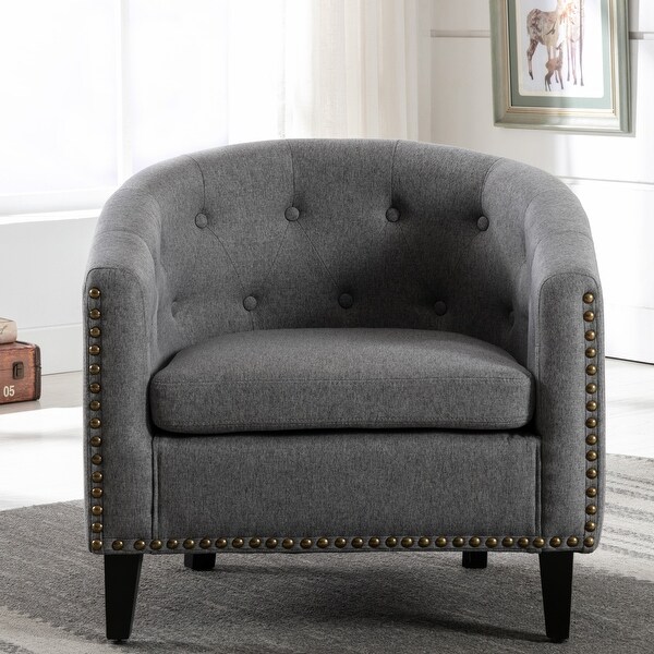 Chesterfield-Inspired Tufted Button Barrel Chair， Accent Chair Club Chair with Solid Wood Frame for Living Room， Grey+Linen