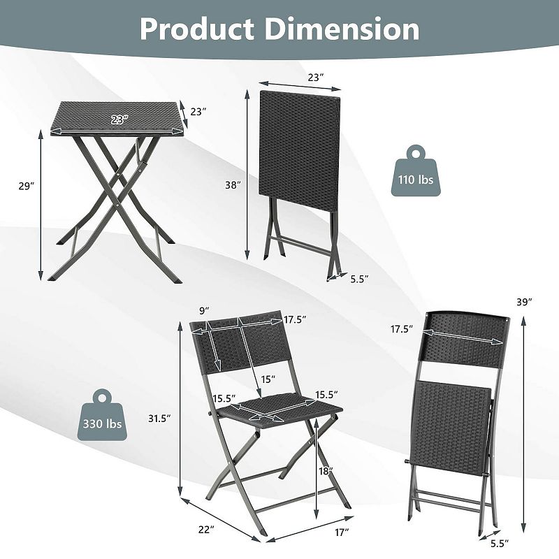 3 Pieces Patio Bistro Set with Folding Wicker Chairs and Table