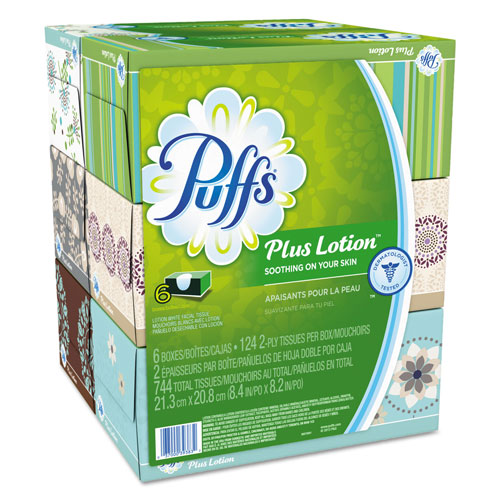 Procter and Gamble Puffs Plus Lotion Facial Tissue | White， 6 Cube Pack， 124 Sheets Per Cube， 4