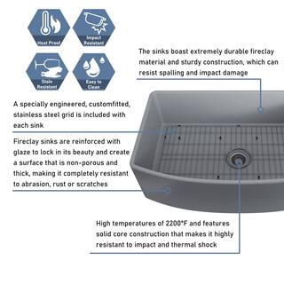 CASAINC 33 in. Farmhouse Apron Single Bowl Matte Gray Fireclay Curved Design Kitchen Sink with Bottom Grid and Strainer CA-SN3321-G