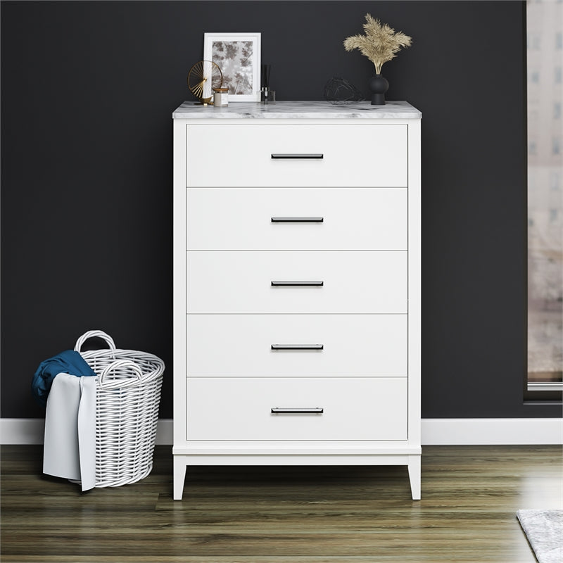 Ameriwood Home Lynnhaven Tall 5 Drawer Dresser in White w/ White Marble Top