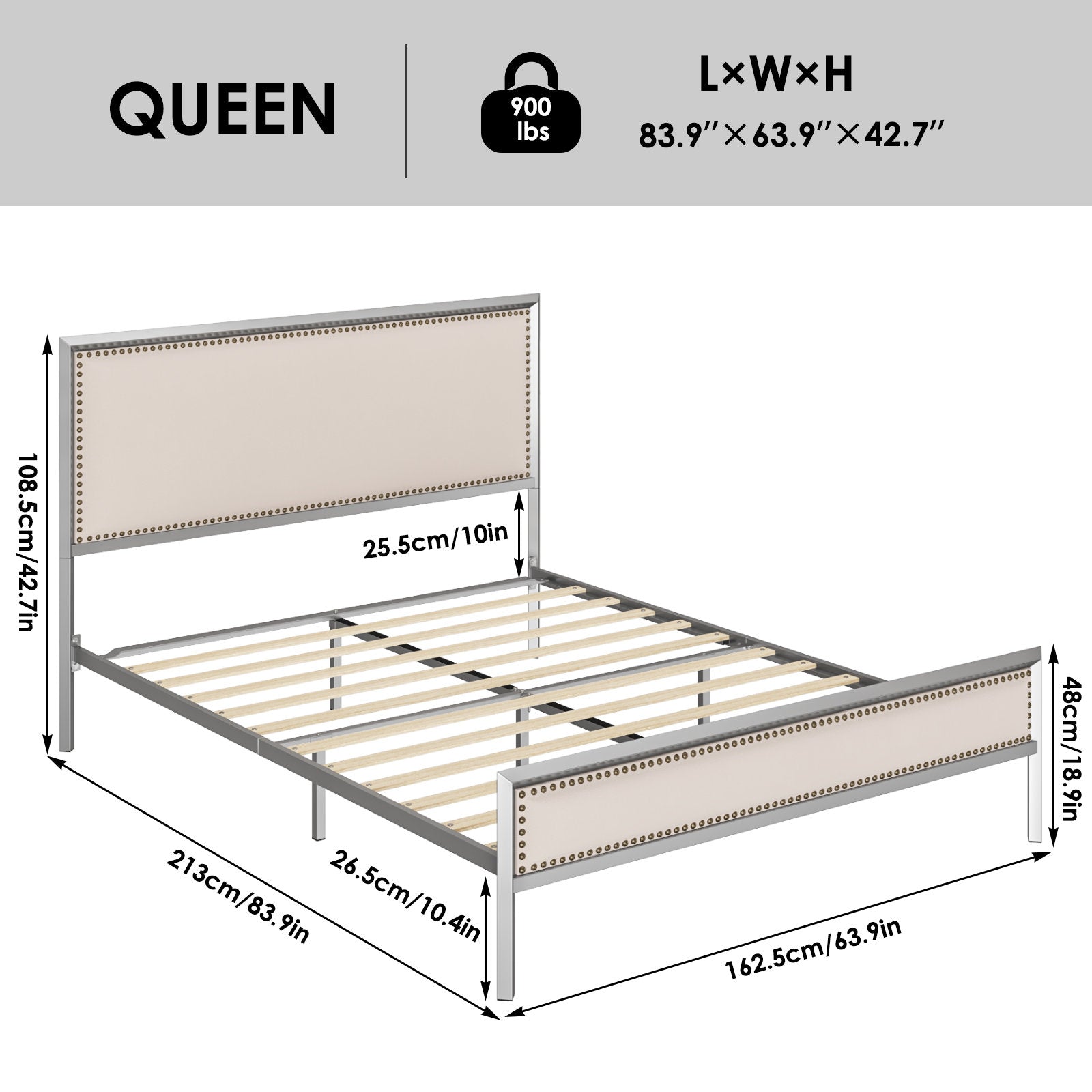 Homfa Queen Size Bed Frame, Modern Metal Framed Bed with Button Linen Tufted Upholstered Headboard, Wooden Slat Support, Sliver