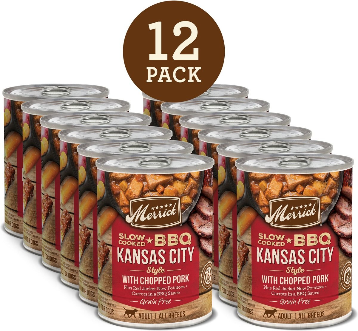 Merrick Slow-Cooked BBQ Kansas City Style Chopped Pork Recipe Grain-Free Canned Dog Food， 12.7-oz can， case of 12