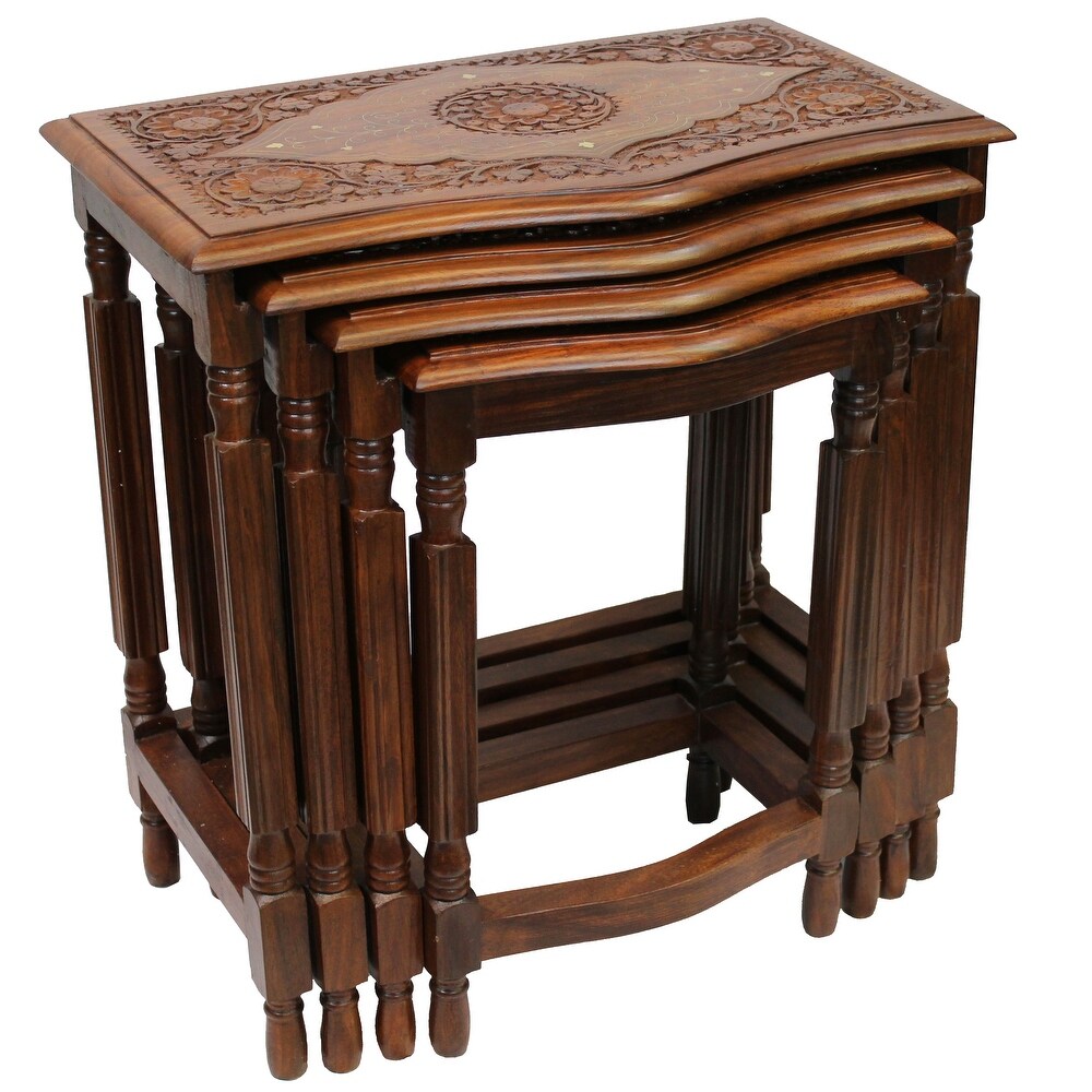 Natural Geo Decorative Set of 4 Nesting Tables   Handcarved