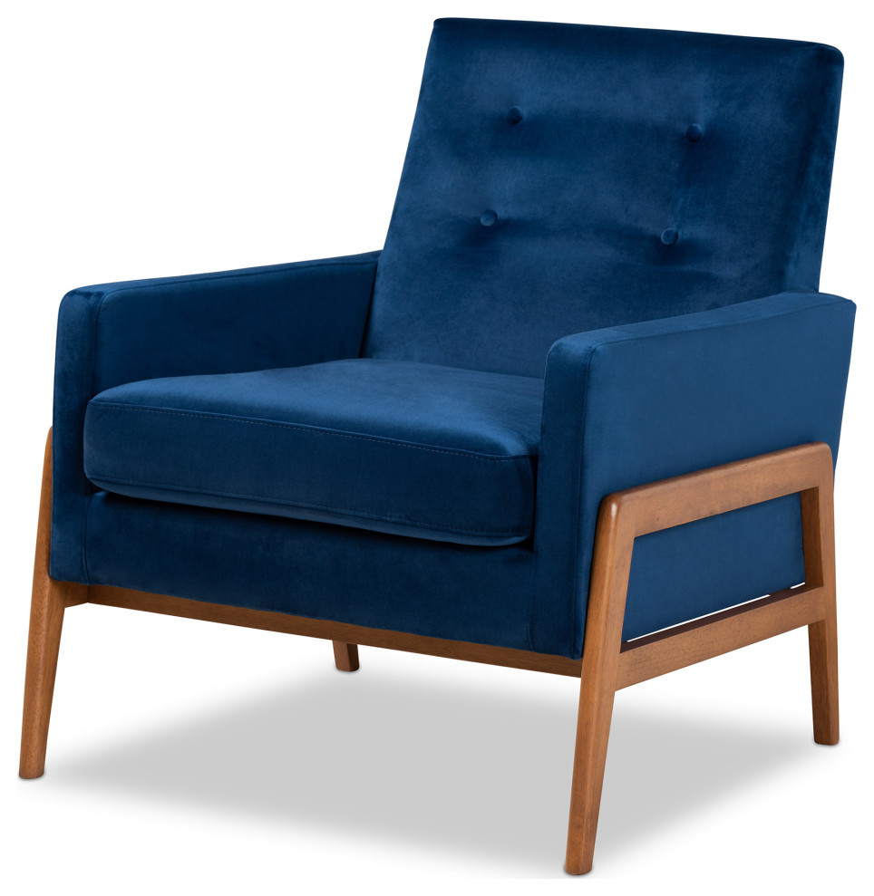 Yivi Mid Century Navy Blue Velvet Fabric and Walnut Brown Wood Lounge Chair   Midcentury   Armchairs And Accent Chairs   by Baxton Studio  Houzz