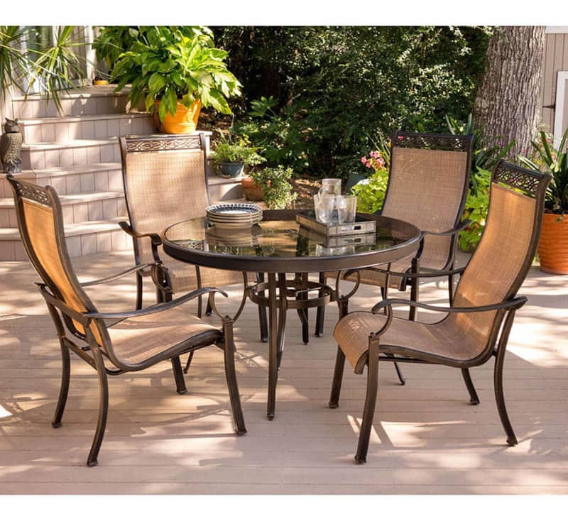 Hanover Monaco 5-Piece Outdoor Dining Set In Tan Sling/Glass With 4 Sling Dining Chairs， 48 Round Glass Top Table