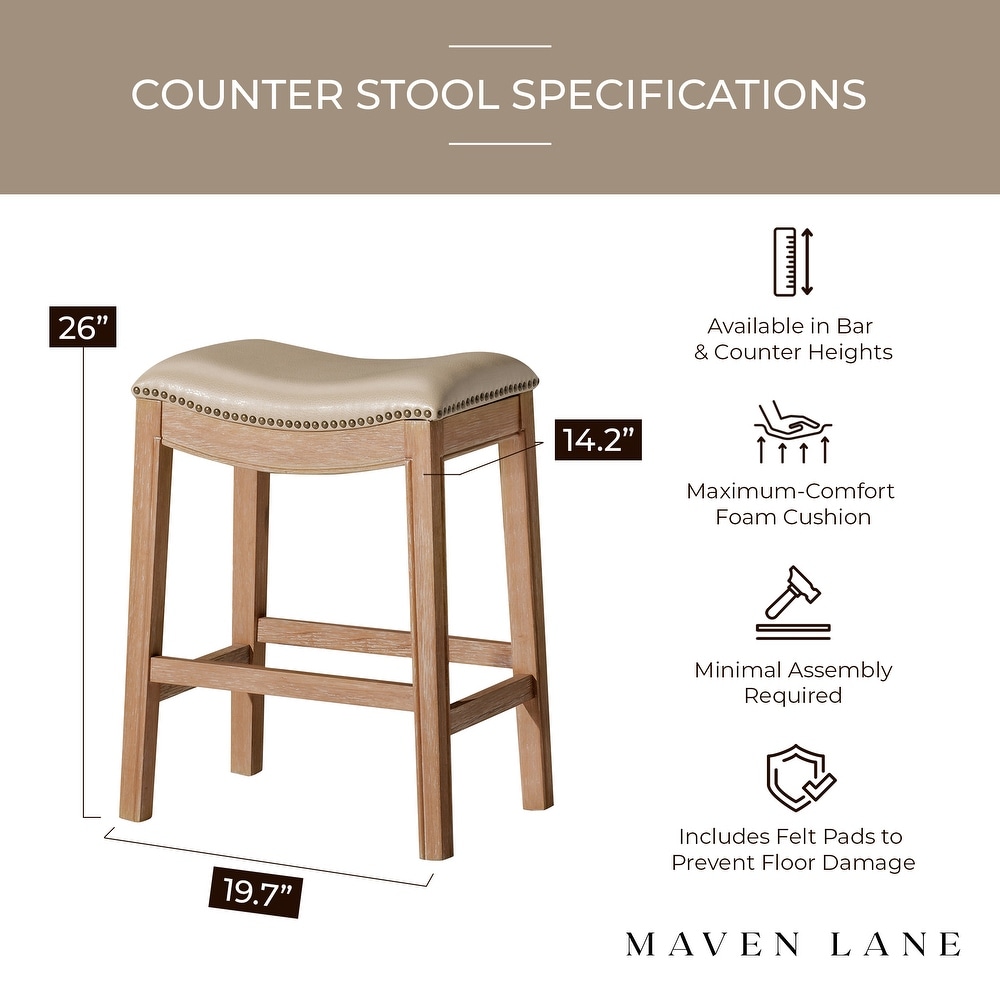 Maven Lane Adrien Saddle Counter Stool in Weathered Oak Finish w/ Avanti Bone Vegan Leather   Brown   Counter   26\