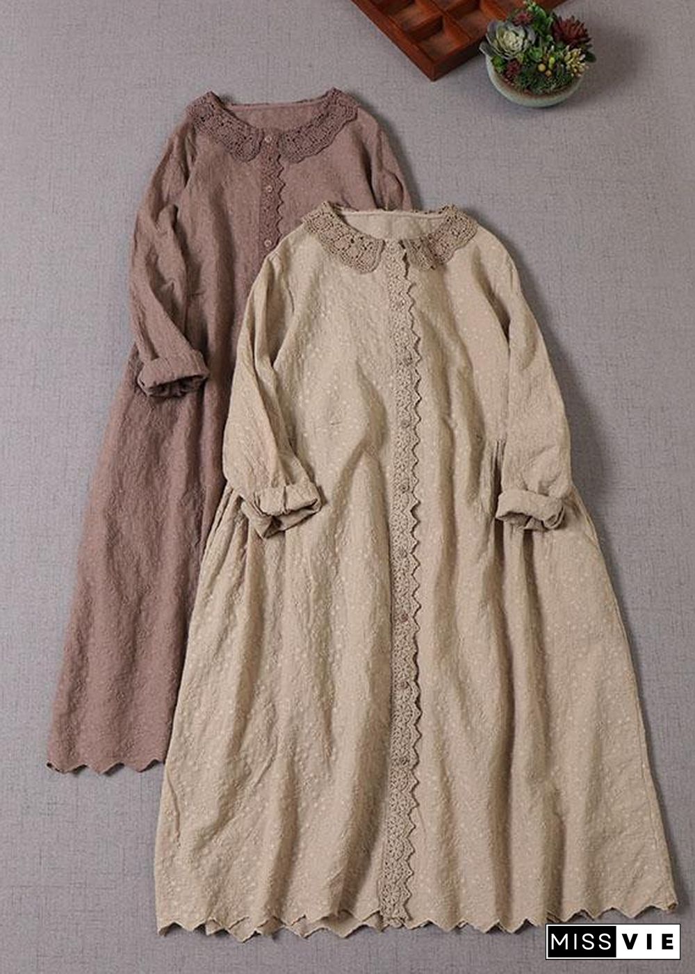 Handmade Khaki Pockets Button Embroideried Fall wrinkled Maxi Dresses Long sleeve