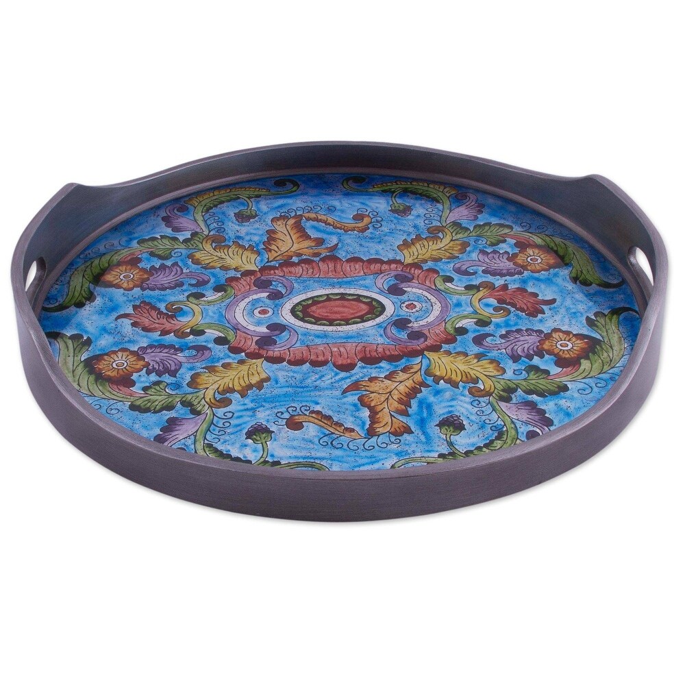Handmade New Blue Bloom Reverse painted glass tray