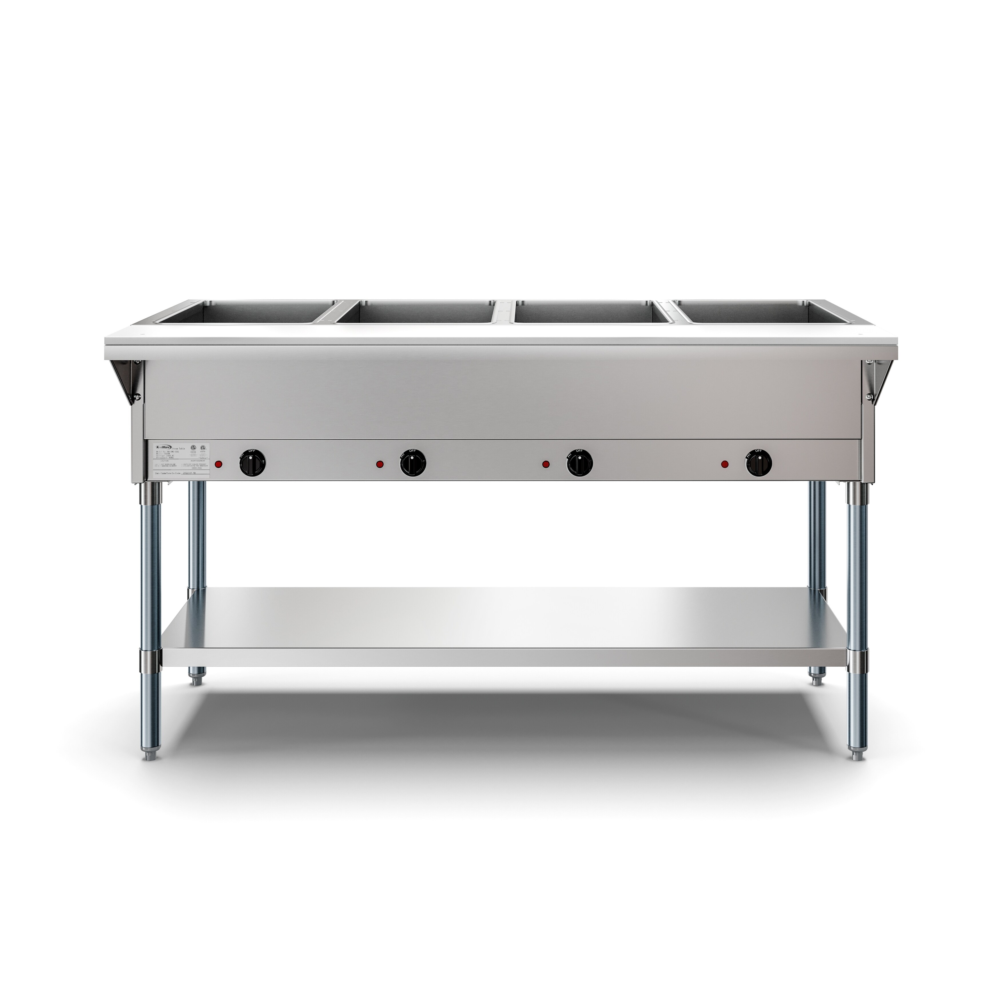 4-Pan Open Well Commercial Electric Stainless Steel Steam Table with Undershelf， Warming Control Knobs， and Front Serving Area