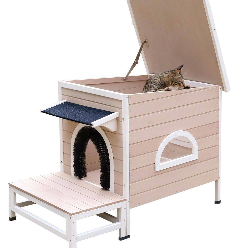 Tatayosi Outdoor Indoor Wooden Cat House with open weatherproof asphalt roof and removable floor J-H-W118840726