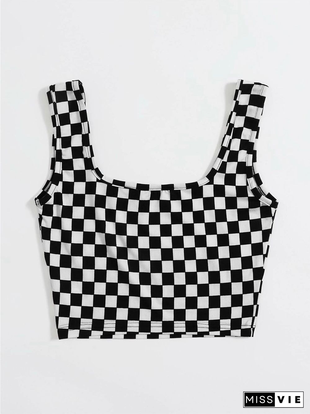 Y2K Checkerboard Plaid Pattern Crop Top Women Streetwear Summer Bodycon Tank Top Shirts Black And White Color Block Clubwear