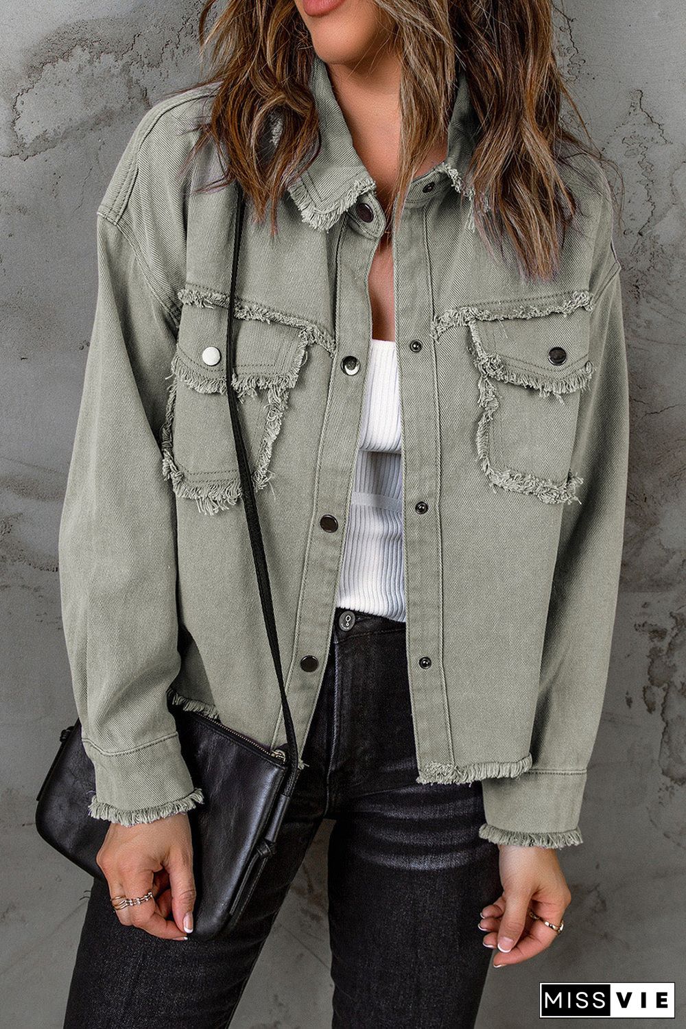 Distressed Flap Pockets Frayed Hemline Denim Jacket