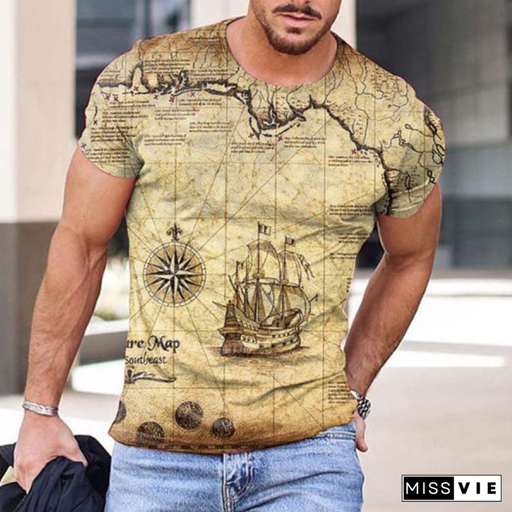 Trendy Men's Round Neck Slim Fit T-shirt Personalized Map Print Short Sleeve