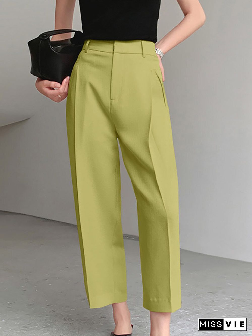 Solid Pocket Straight Leg Crop Pants For Women