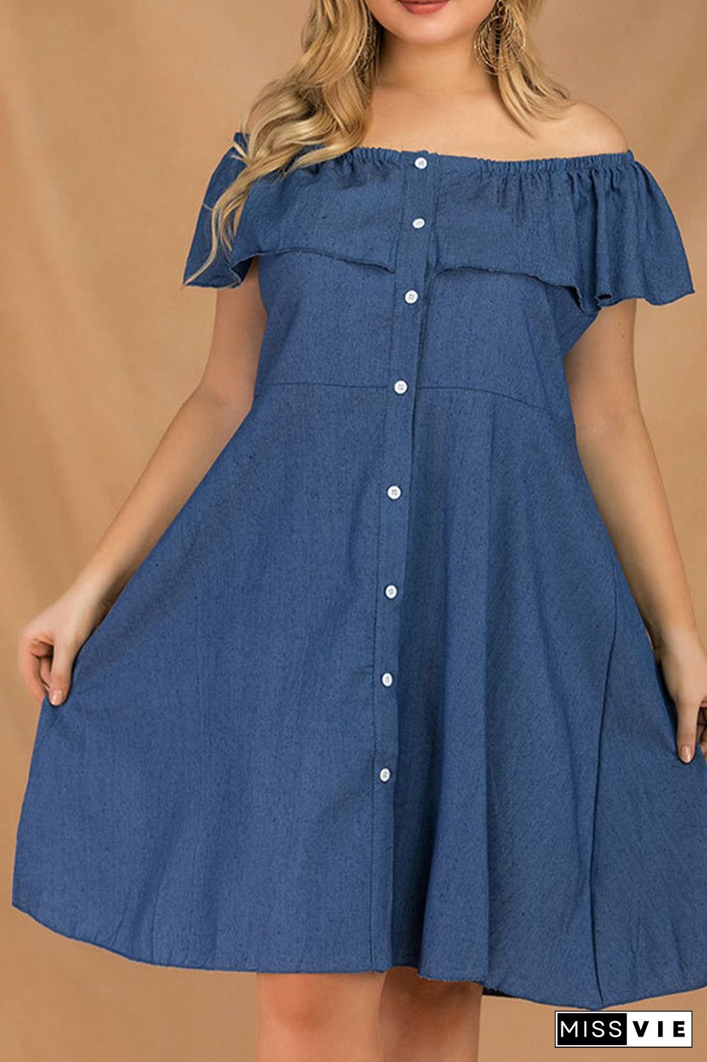 Off Shoulder Button Down Ruffle Denim Plus Size Dress Wholesale