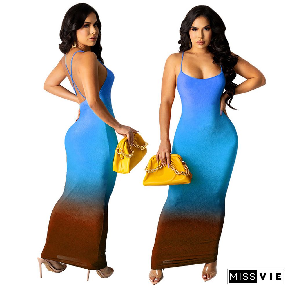 Sexy Summer Outfit Gradient Color Sleeveless Spaghetti Strap O-neck Strechy Bodycon Long Maxi Dresses