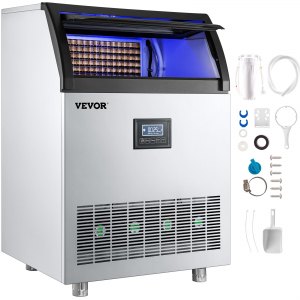 VEVOR 110V Commercial Ice Maker Machine 265LBS/24H， 750W Stainless Steel Ice Machine with 55LBS Storage Capacity， 126 Ice Cubes Ready in 11-15Mins， Includes Water Filter and Connection Hose