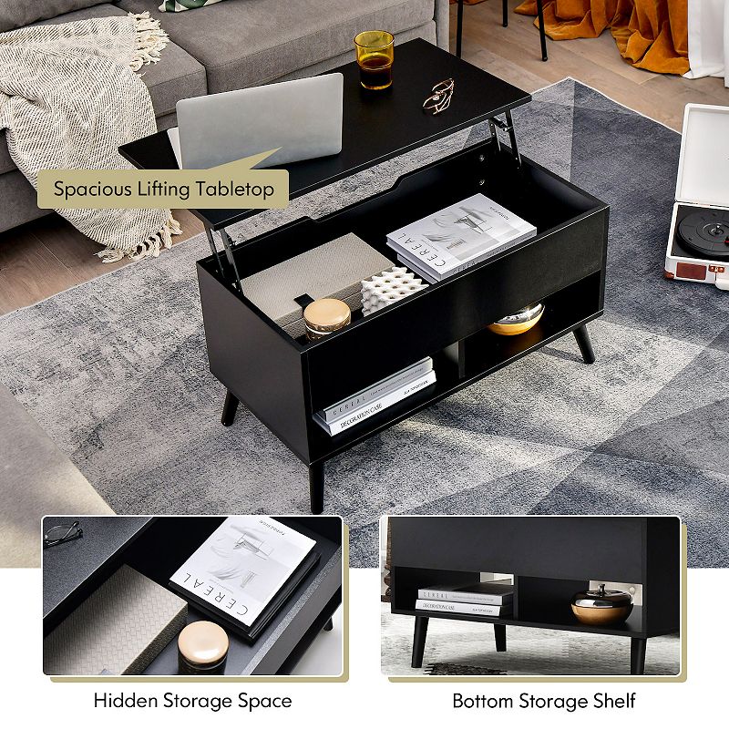 31.5 Inch Lift Top Coffee Table with Hidden Compartment and 2 Storage Shelves-Black