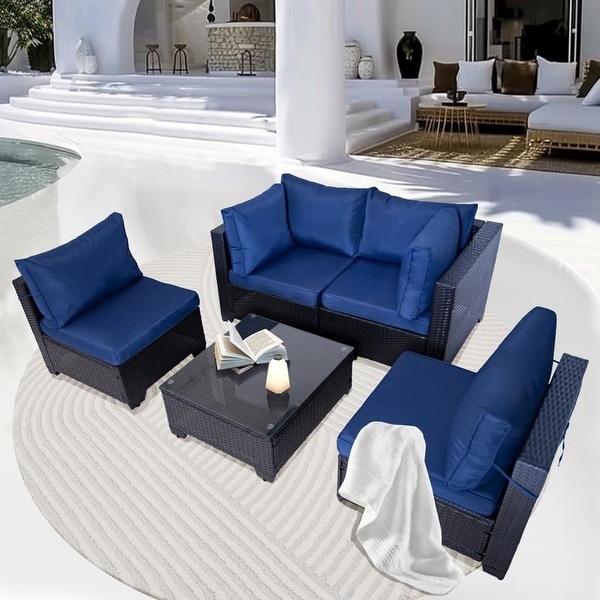 5 Pieces AllWeather PE Wicker Conversation Set with Navy Blue Cushions and Glass Table