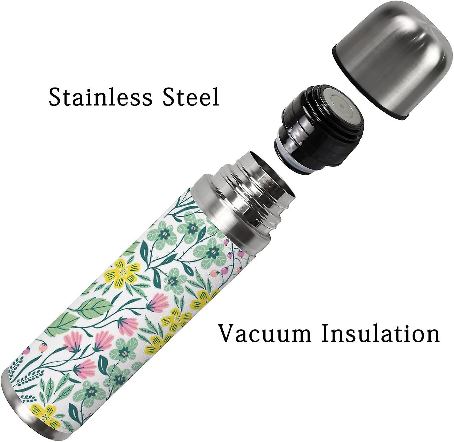 Insulated Mug Stainless Steel Water Bottle Floral Leaves And Flowers On White Vacuum Cup Travel Mug For Office