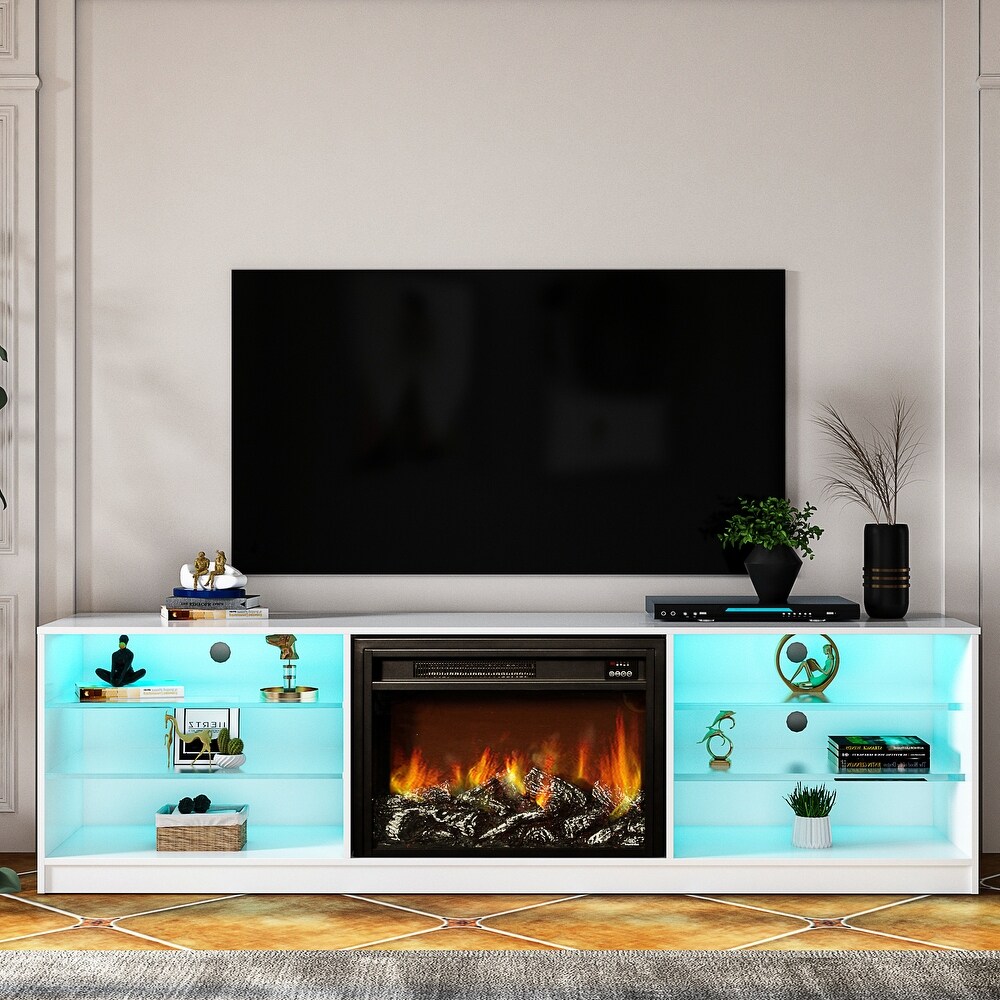 78''W Textured Veneer Classic 4 Cubby Electric Fireplace Console RGB LED TV Stand with Both Side 2 Tier Glass Storage Shelves