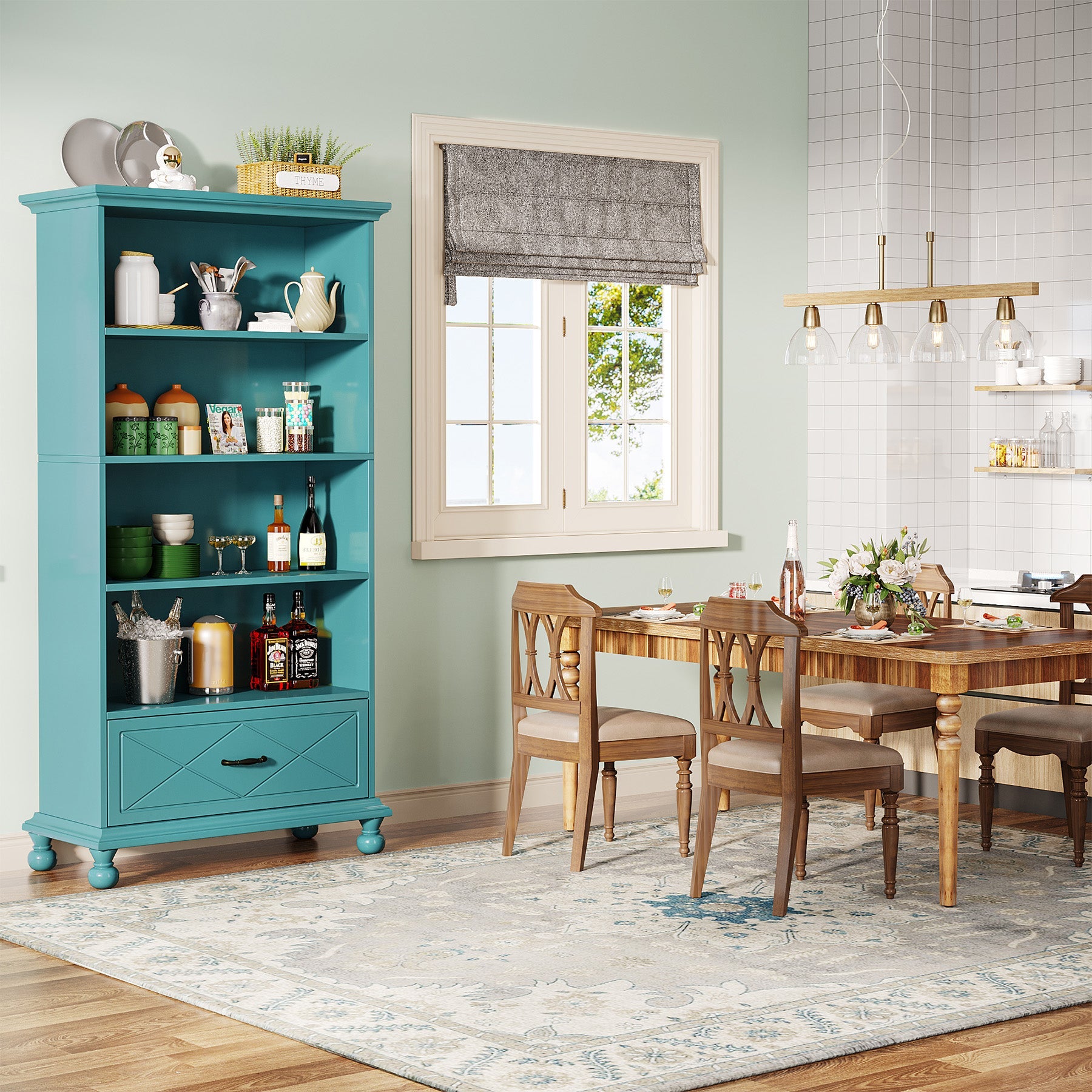 6-Shelf Bookcase with Drawer, 71 Bookshelf with Solid Wood Legs