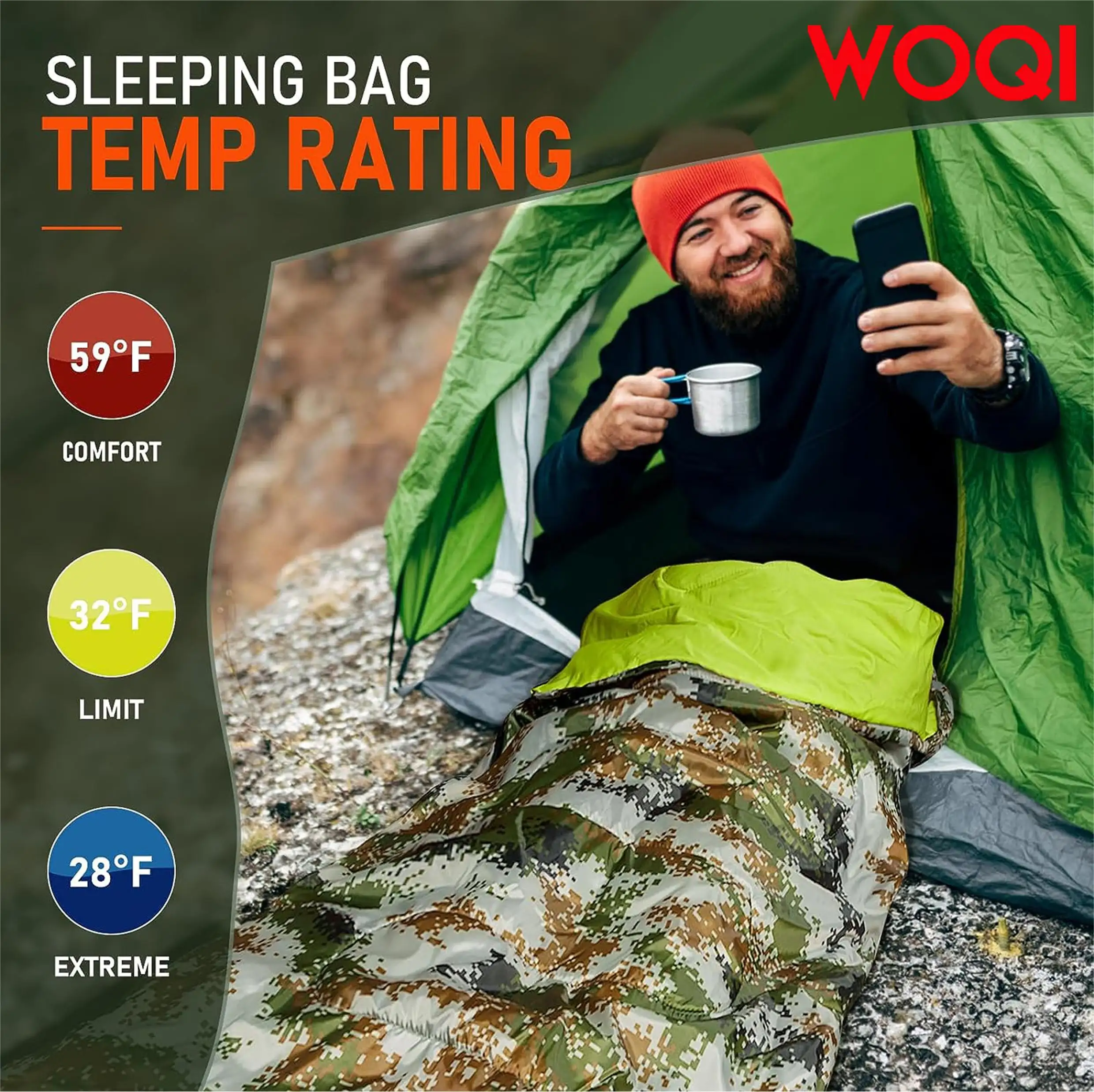 WOQI adult sleeping bag with pillow  available for all season camping and hiking backpacks