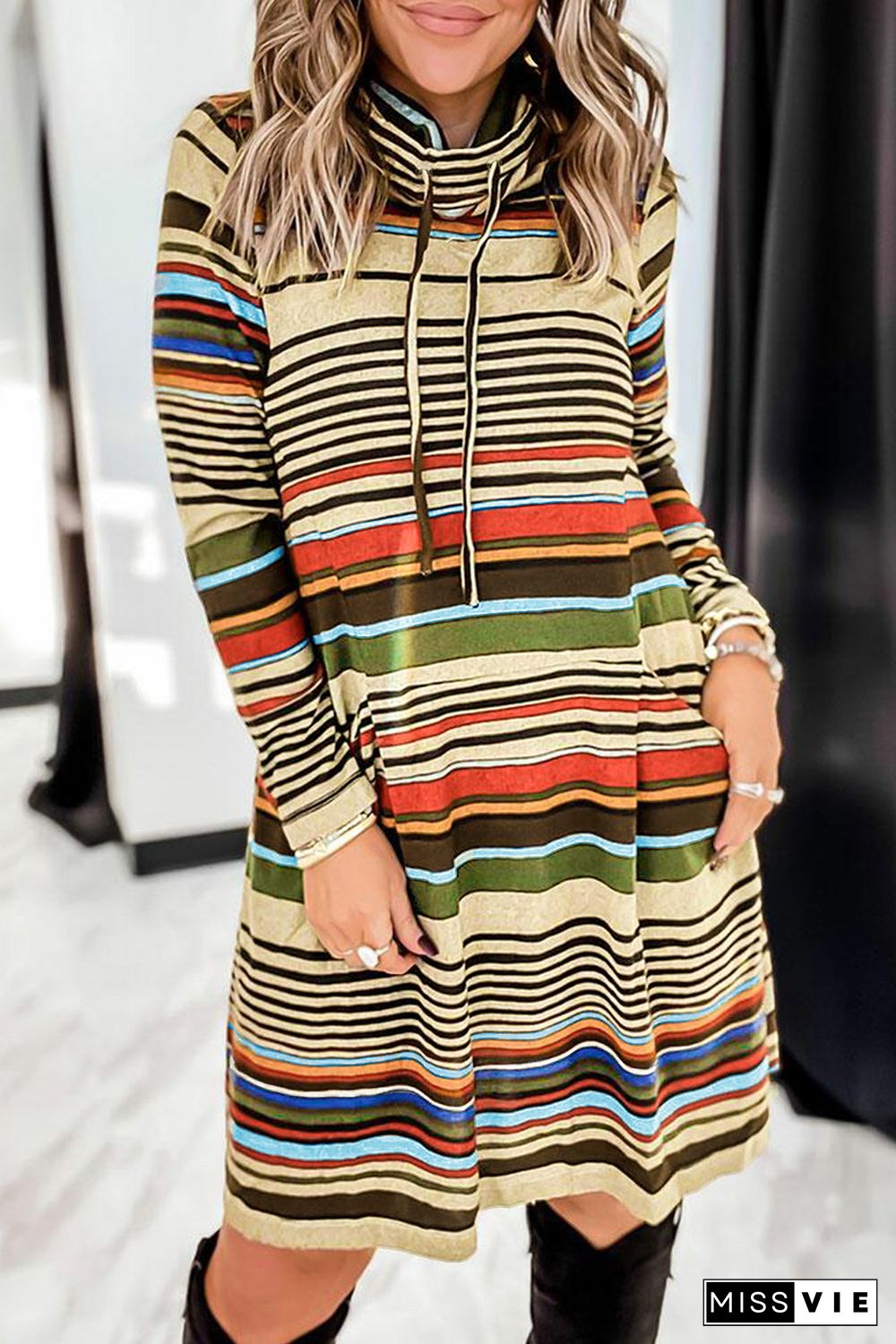 Striped Turtleneck Long Sleeve Shirt Mini Dress with Pocket