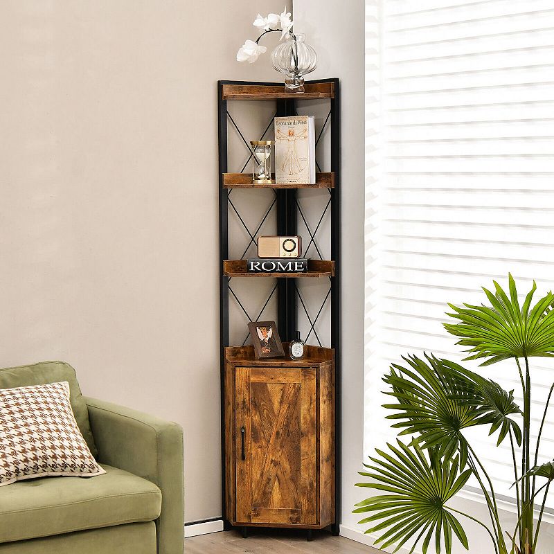 Tall Corner Storage Cabinet with 3-Tier Shelf and Enclosed Cabinet-Rustic Brown