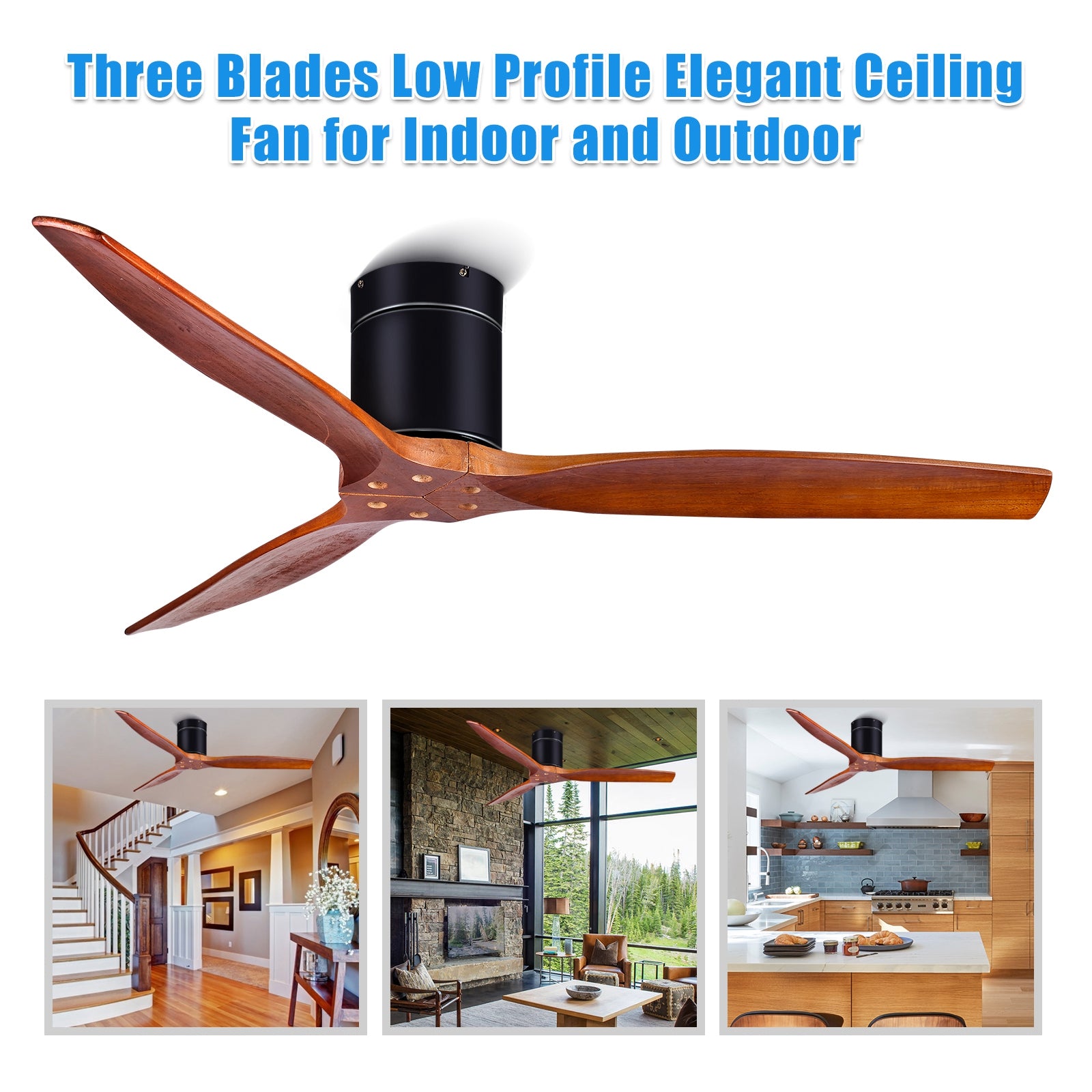 52 Inch Flush Mount Ceiling Fan with Remote，3 Blades Brown Solid Wood Ceiling Fan， Reverse Airflow