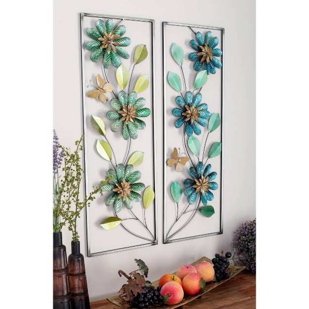 Set Of 2 Metal Floral Wall Decors With Gold Frame Green Olivia amp May