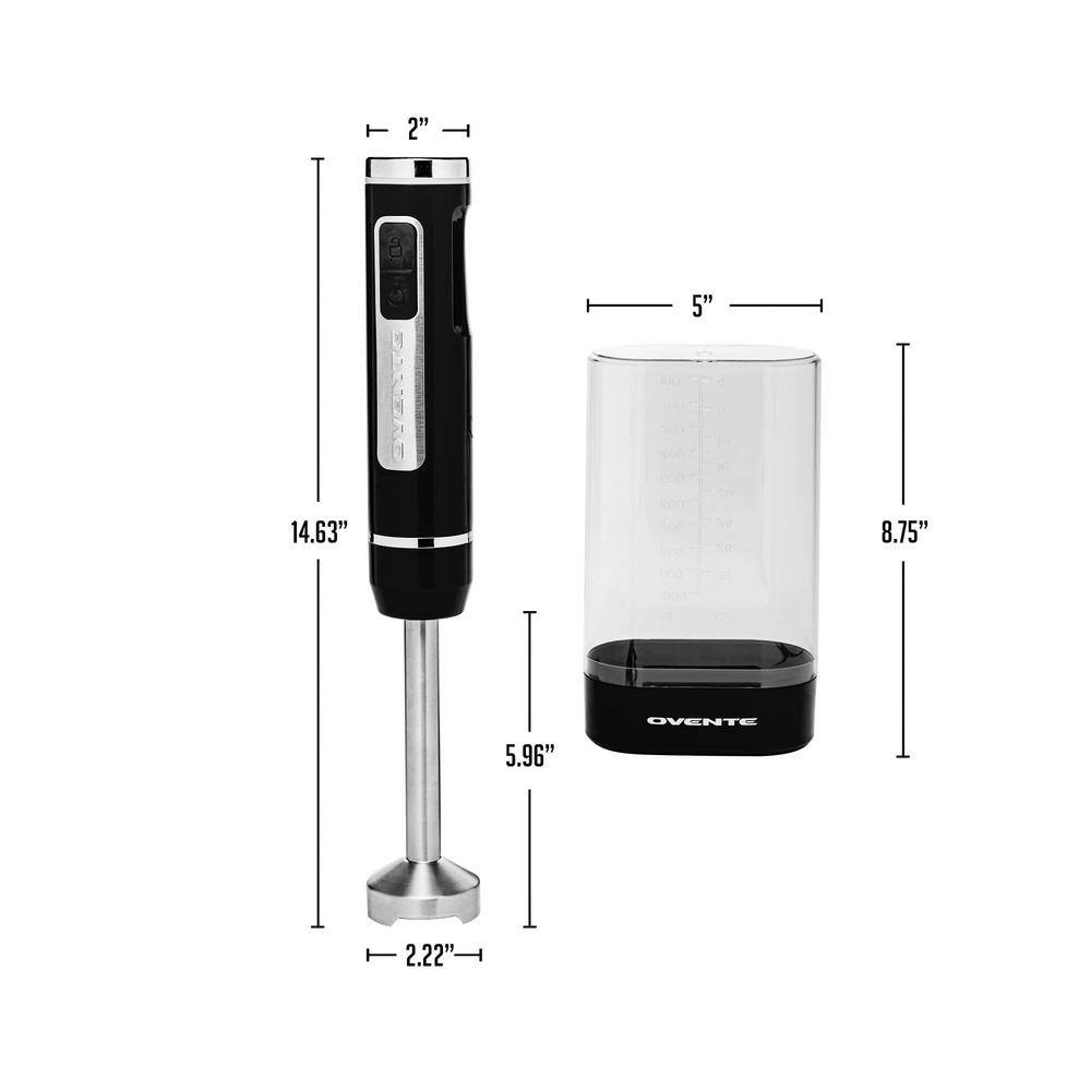 OVENTE Immersion Blender Black Stainless Steel Blades 200-Watt Cordless Rechargeable Hand Blender 8-Speed Settings HR781B