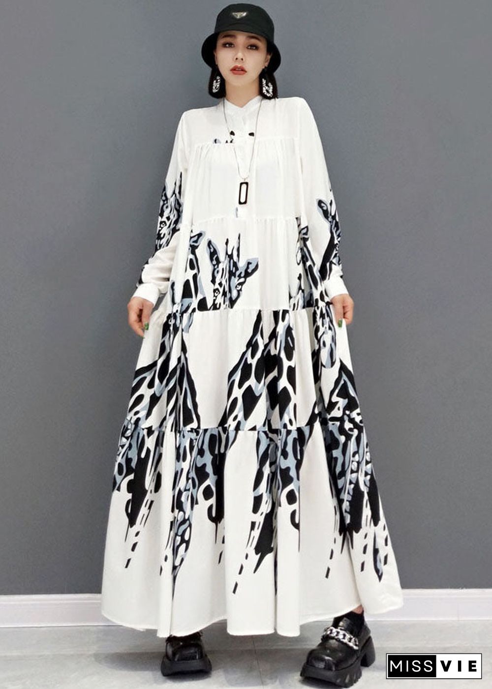 Plus Size White Stand Collar Print Pleated Long Dresses Long Sleeve