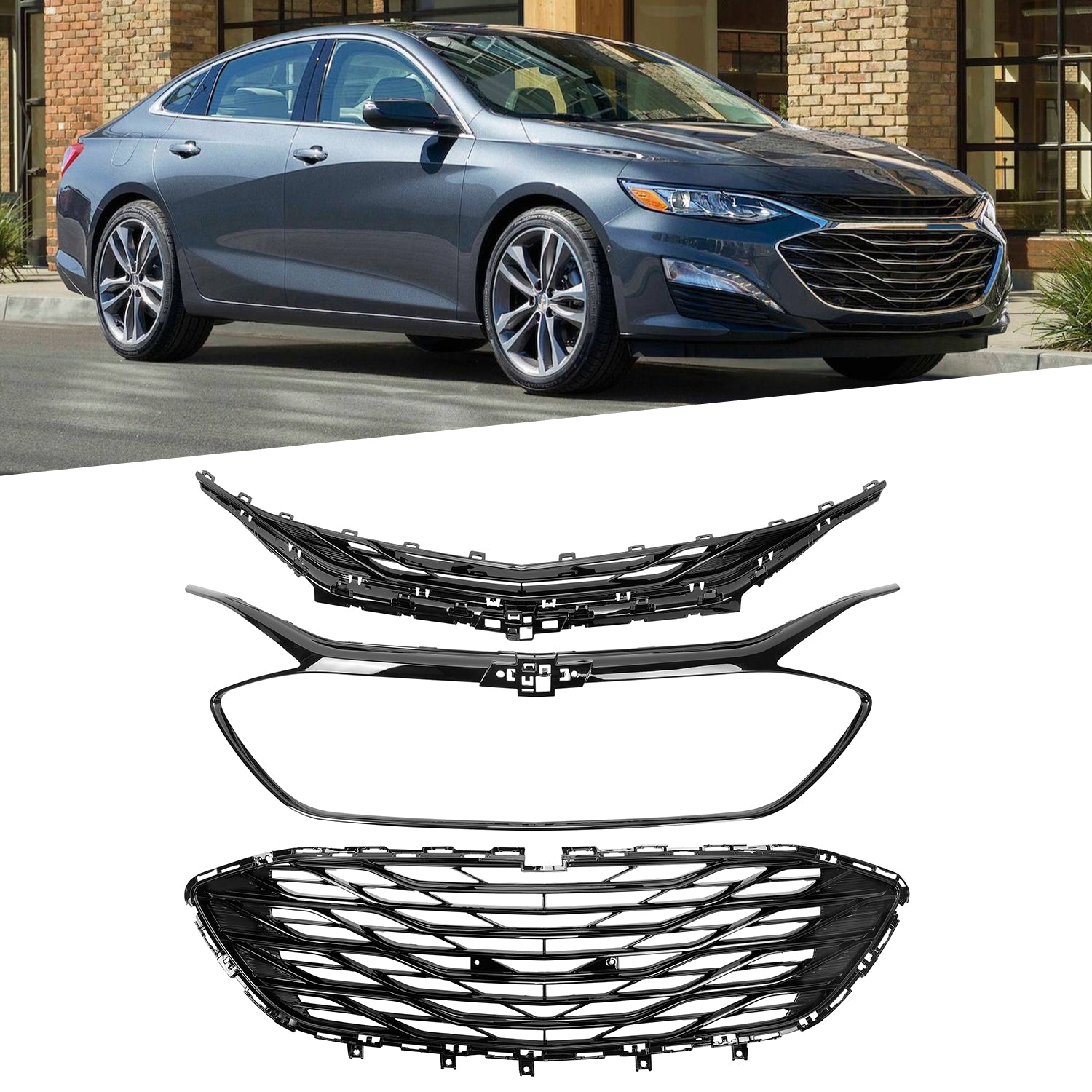 Kojem Front Bumper Grill Upper + Lower Grille for 2019 2020 Chevrolet Malibu Sedan Chrome 3PCS