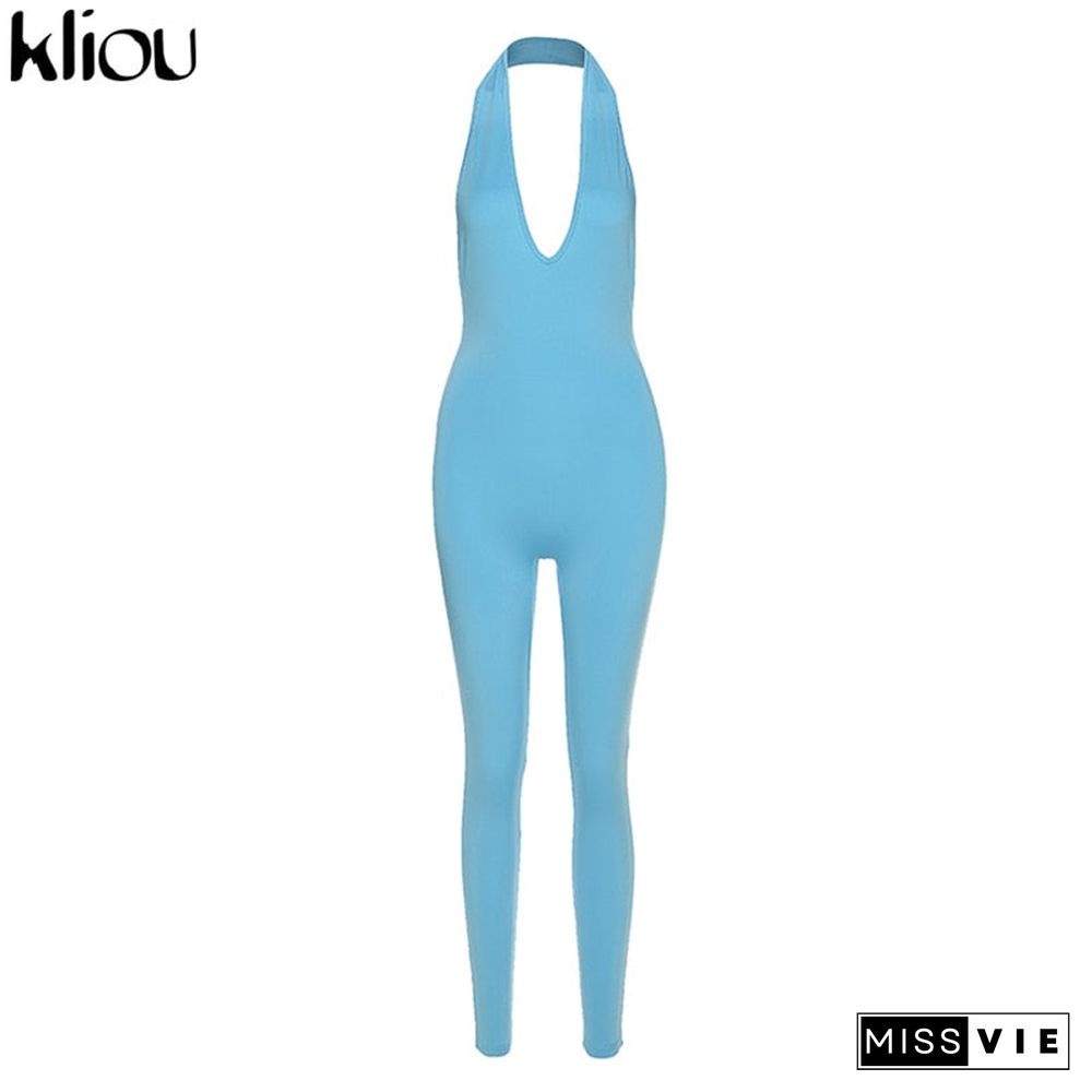 Kliou Halter Women Activewear V-Neck Sexy Bandage Sleeveless Jumpsuit Skinny Rompers Solid Elastic Bodycon Fitness Casual Outfit