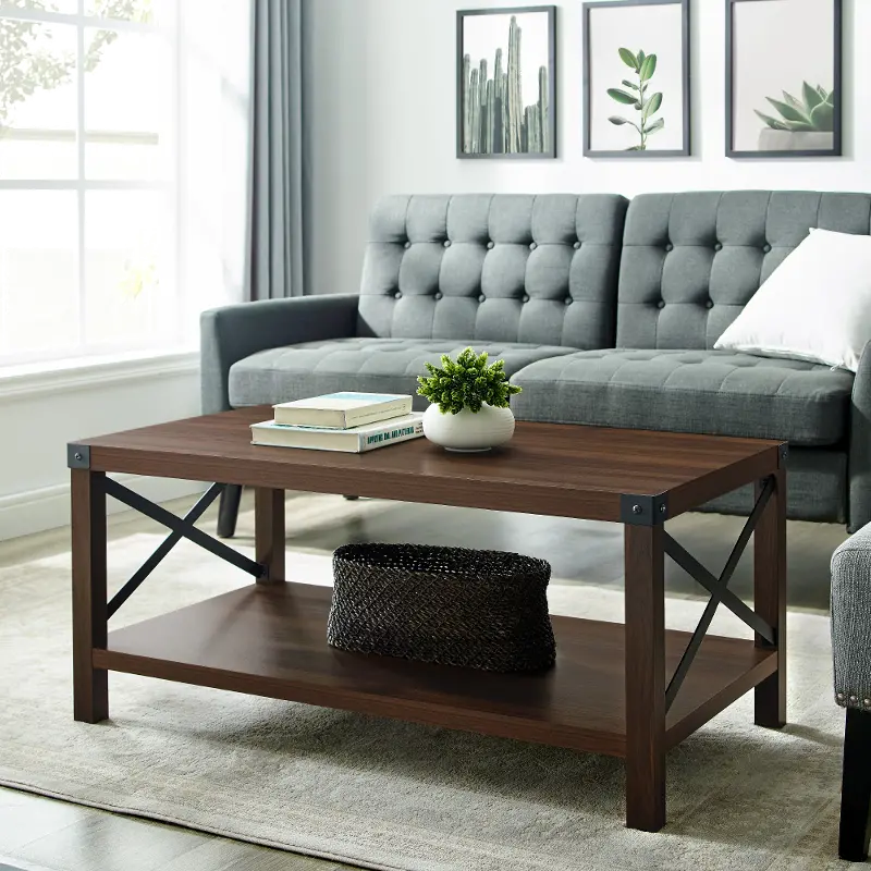 Metal X Rustic Dark Walnut Wood Coffee Table - Walker Edison