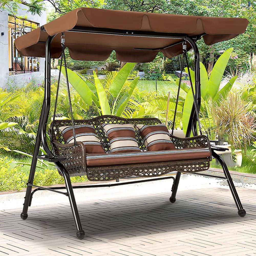 AECOJOY Brown 3Person Wicker Outdoor Patio Swing with Cushion and Pillows