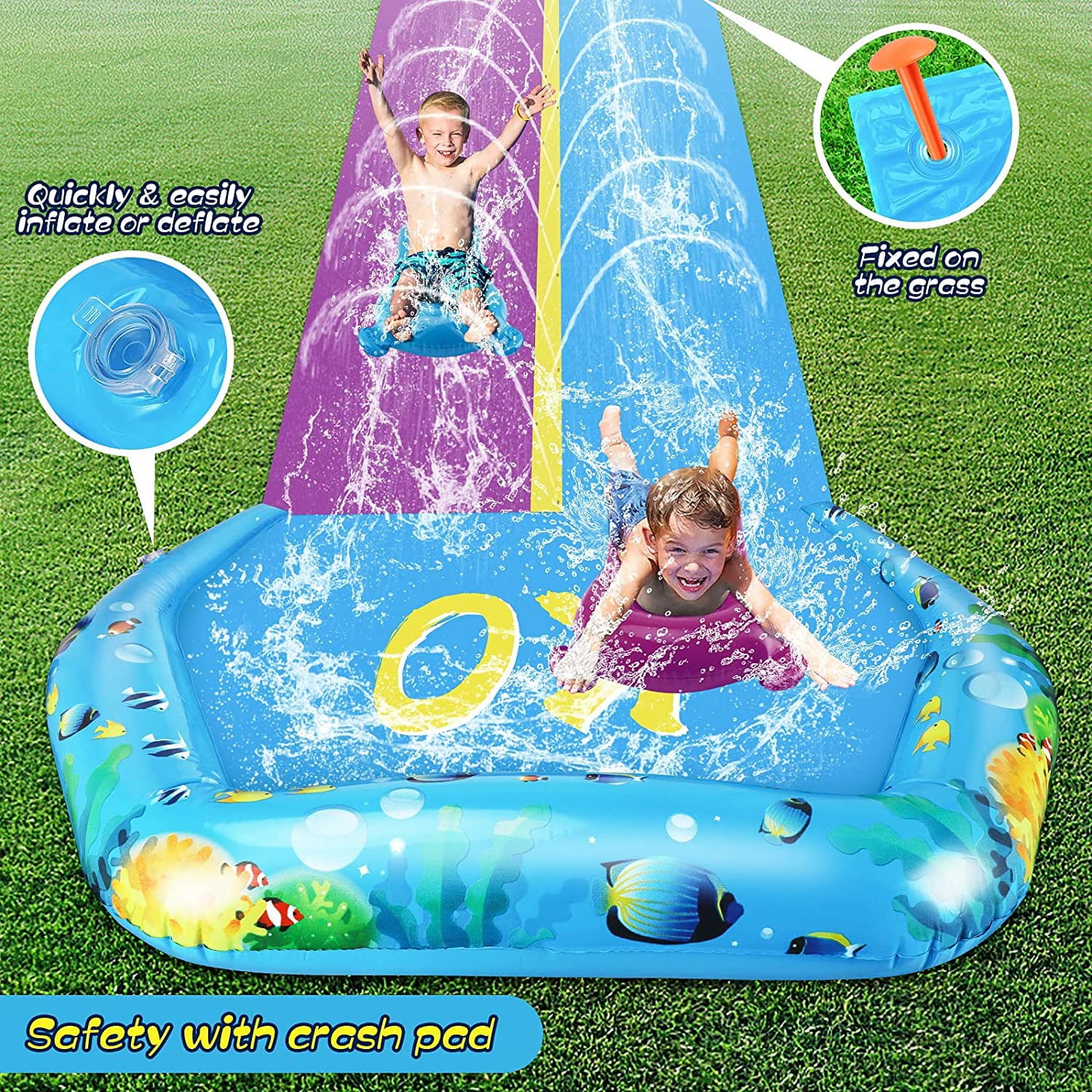 Lavinya 32.8FT Big Water Slide for Children-Double Lawn Water Slip with 2 Surfboards, Water Slide Toys with Crash Pad and Sprinkler For Fun