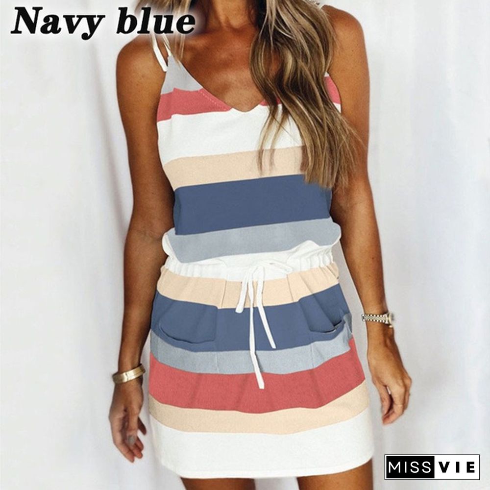 Spring Summer Dresses Plus Size Suspenders Women's Casual Sleeveless Dress T-shirt Dresses Striped Printed Ladies V-neck Lace Up Pocket Dress Beach Dress