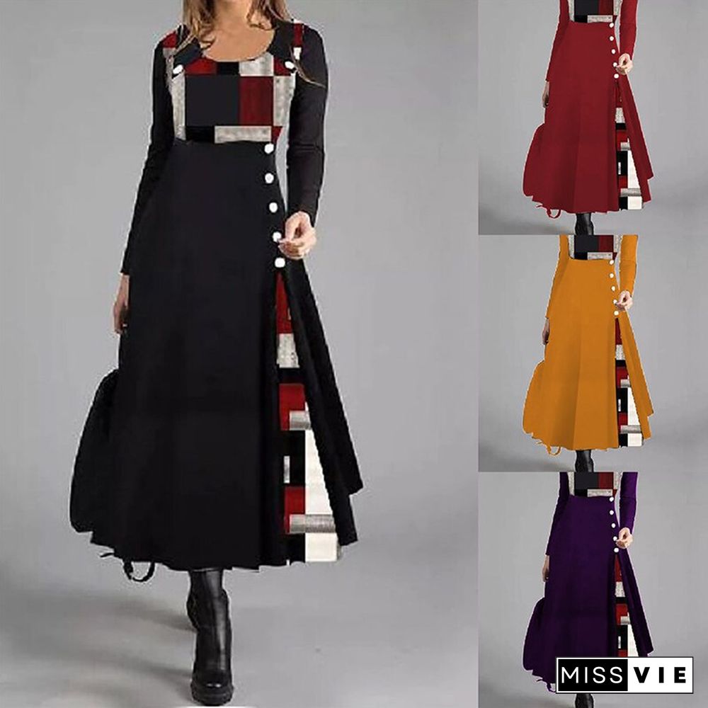 Women O-Neck Patchwork Button Loose Pullover Long Dress Autumn Pattern Print A-Line Party Dress Fashion Casual Office Lady Dress