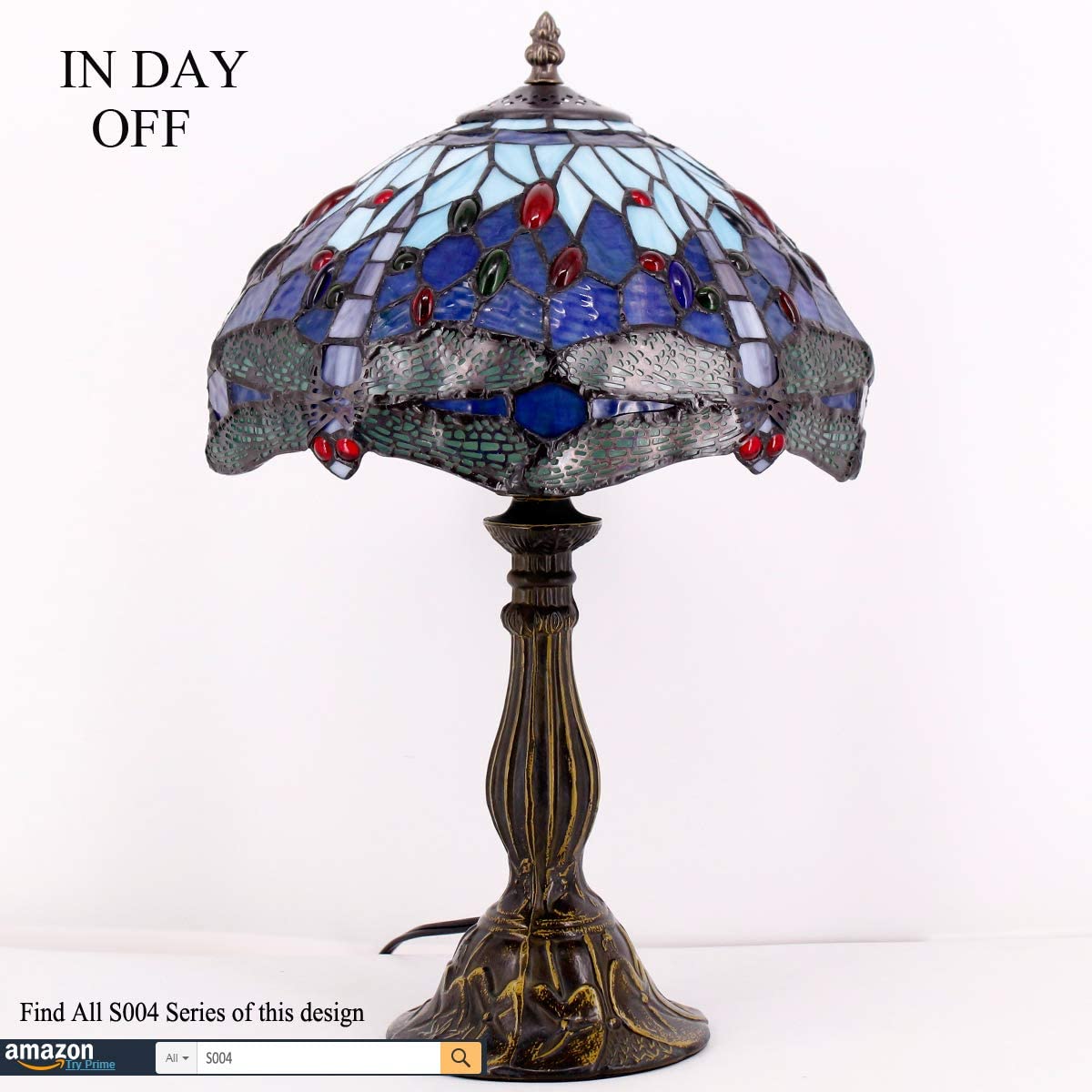 SHADY Tiffany Table Lamp Blue Stained Glass Dragonfly Style Bedside Desk Reading Light 12X12X18 Inches Decor Bedroom Living Room Home Office S004 Series