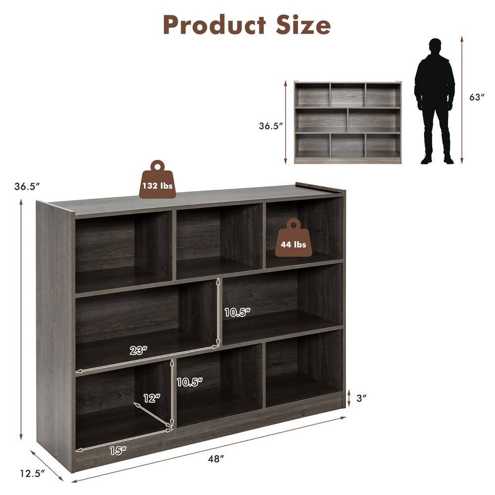 Costway 3-Tier Open 12.5 in. Wide Grey 8-Cube Bookshelf Storage Display Cabinet French Oak Bookcase CB10403GR