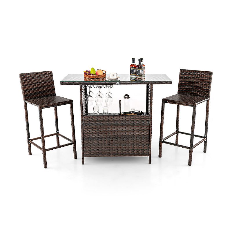 3 Pieces Outdoor Wicker Bar Set with 3 rows stemware racks