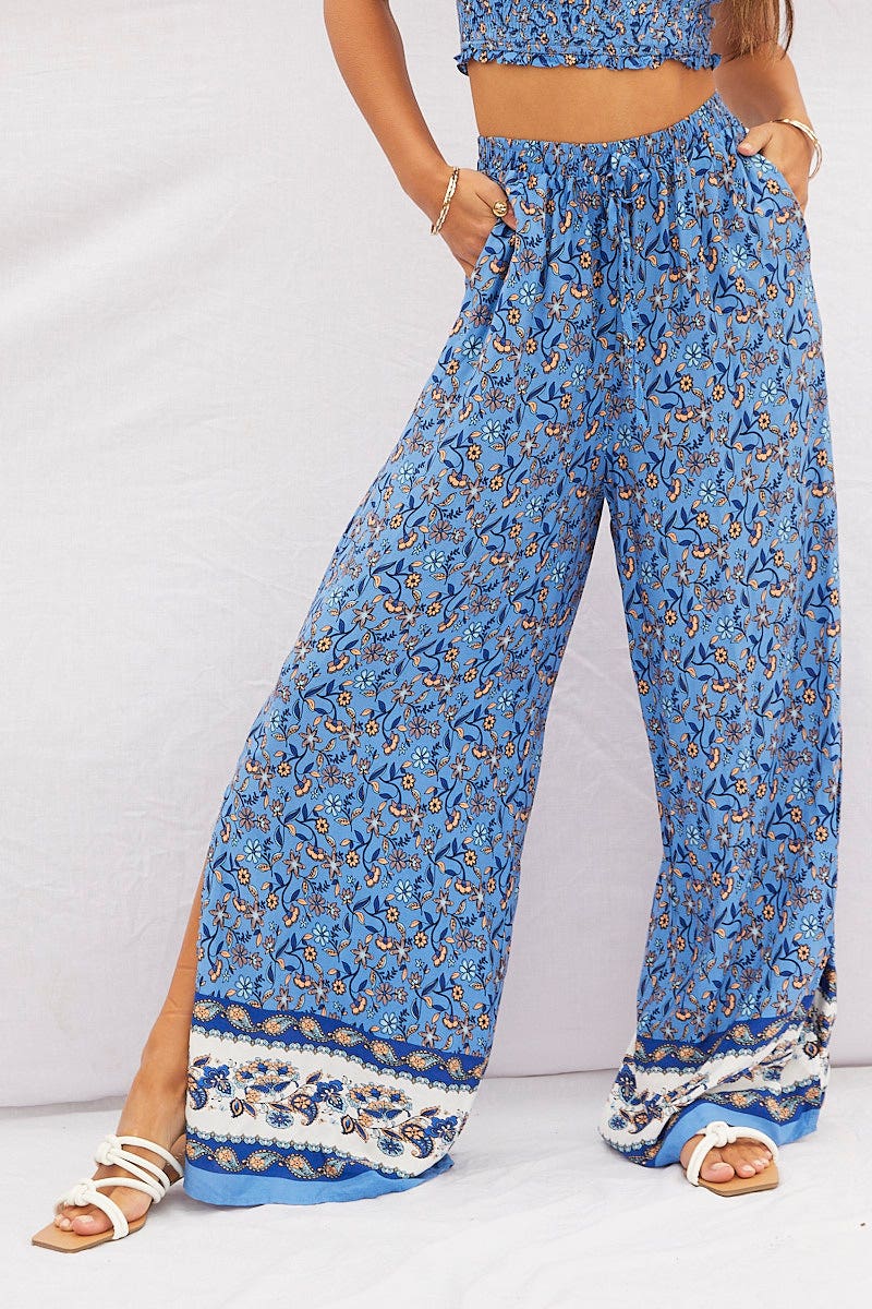 Print Pants High Rise Elastic Waist Wide Leg