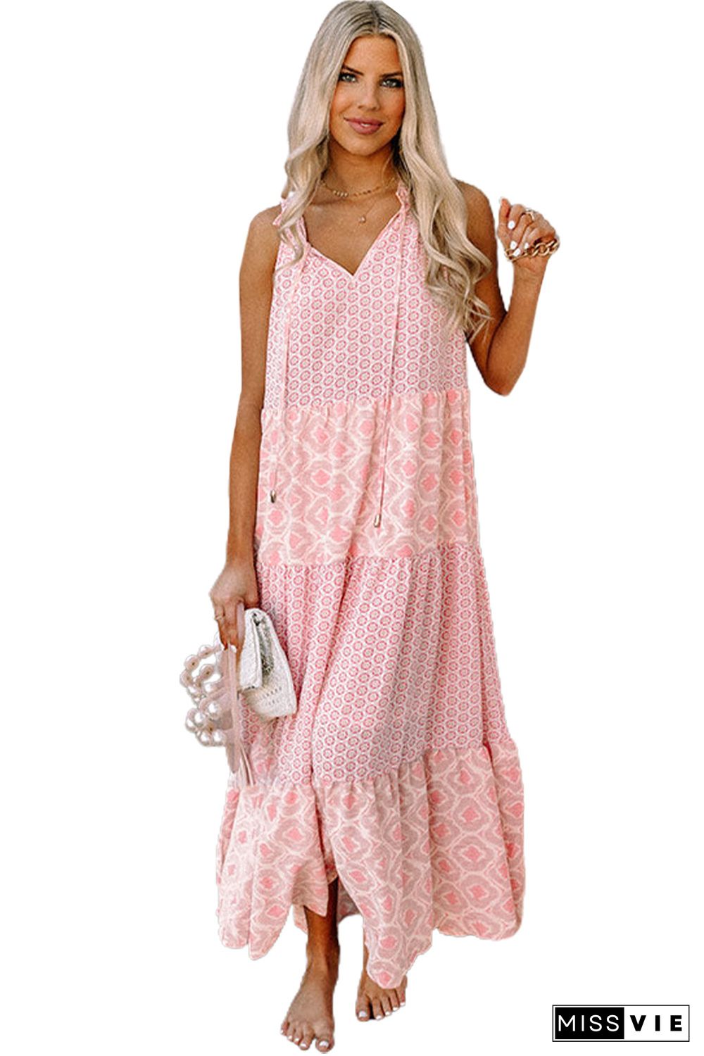 Pink Abstract Print Split Neck Sleeveless Maxi Dress