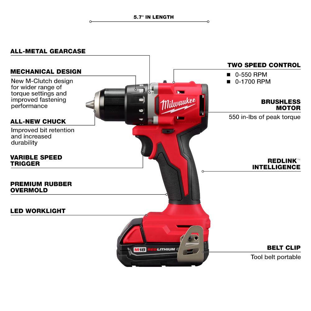 MW M18 18-Volt Lithium-Ion Brushless Cordless Compact DrillImpact Combo Kit (2-Tool) w(2) 2.0 Ah Batteries Charger  Bag 3692-22CT